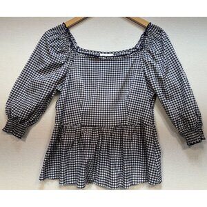 Morgan Taylor Womens Puff Sleeve Smocked Top Square Neck Sz L Blue White Gingham